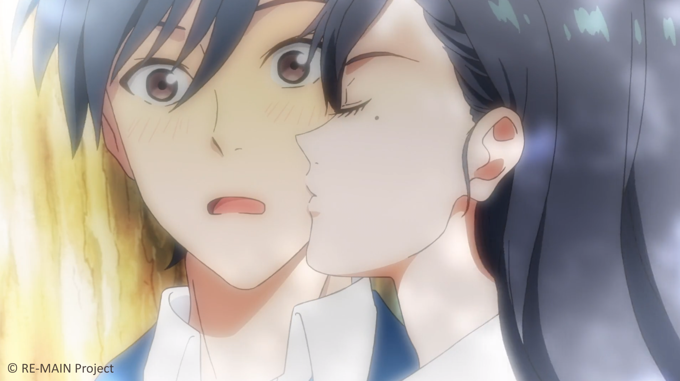 Chinu kisses Minato on the cheek in Re-Main.