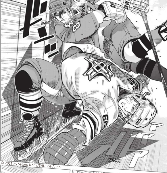 Rou and Keiichi in a "fight" on the side of the rink. Rou bends his back so that his head almost touches the ground while skating sideways. Keiichi looks at Rou while crashing into the fence.