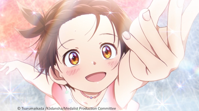 Anime character, 11-year-old child Inori from Medalist with short brown hair and sparkling eyes smiles brightly. girl joyfully raises her hands, wearing a figure skating costume, behind her a sparkling background.