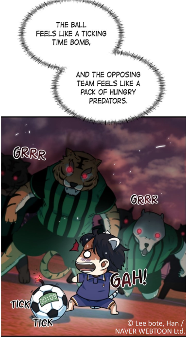 A frightened boy with a soccer ball with a countdown like a bomb on it faces two large, menacing animals in jerseys, one a tiger and the other a wolf, both growling as they approach.