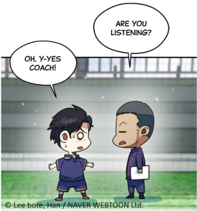 A cartoon scene with a nervous Jian responding "Oh, y-yes coach!" to a coach asking "Are you listening?" on a football field. Coach holds a clipboard.