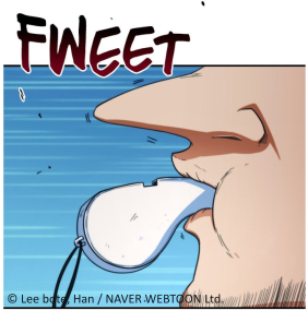 Illustration of a person—the coach—blowing a whistle with only the nose and the whistle showing. "FWEET" is in bold letters above. The background is blue, conveying an urgent tone. The nose is in extreme closeup, long and pointy.