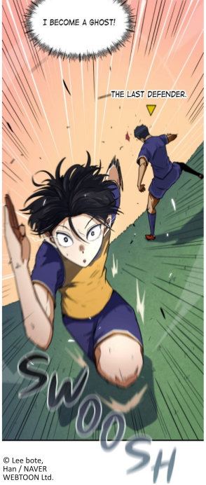 A character in a soccer uniform dives dramatically, shouting "I become a ghost!" as they attempt to evade a defender.