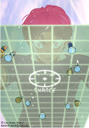 A character with pink hair looks surprised, surrounded by floating bottles and a grid, with the word "CHANCE" prominently displayed.