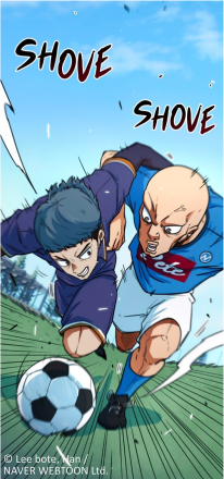 Two soccer players run side by side, each leaning forward with intense expressions. One player wears a dark uniform and has short dark hair, while the other is bald and wears a blue-and-white uniform. Both have their arms out, pushing against each other as they chase a soccer ball on a green field. The word 'SHOVE' appears twice in bold letters near their arms. The sky is clear and blue in the background.