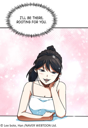 A girl in a tank top rests her chin on her hand, surrounded by a soft pink background, with the phrase "I'LL BE THERE, ROOTING FOR YOU" above her.