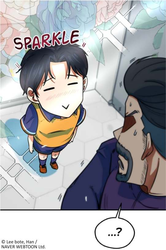 Jian, grinnimg hopefully at the coach with sparkles around him, featuring the word "sparkle" in bright, bold letters. Jian is looking up at the coach; only the coach’s back is visible. Coach is marked with a question mark.