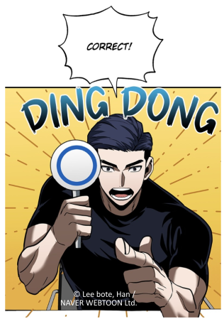 A muscular man with dark hair holds a round sign and smiles, looking directly at the viewer. The words "DING DONG" and "CORRECT!" are written in an excited style above him.